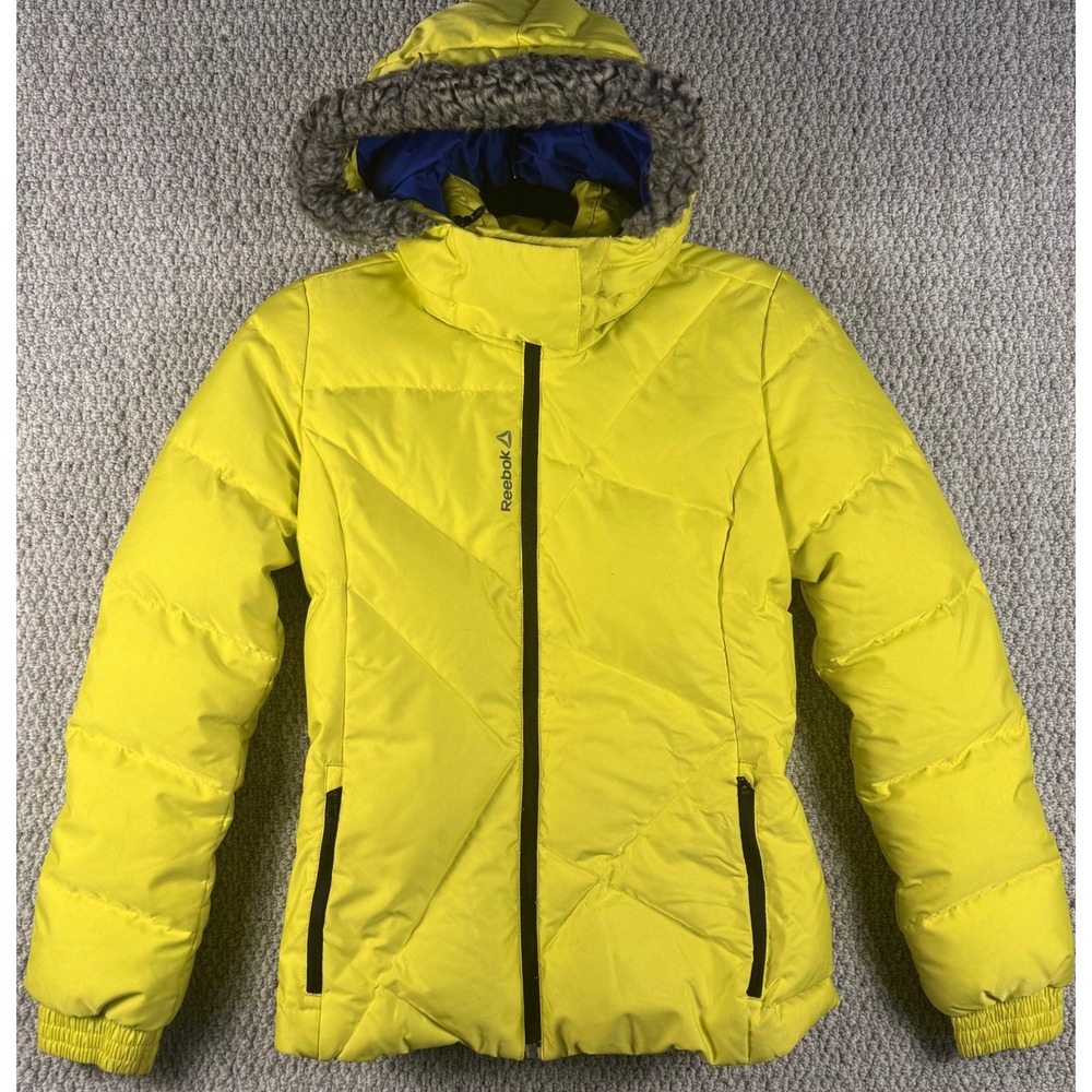 Reebok Puffer Jacket XS Yellow Down Fill Faux Fur Hood Winter Coat Ski